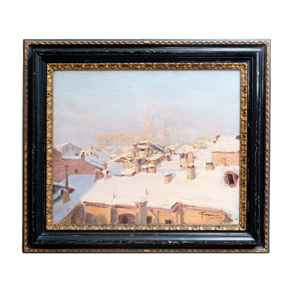 “snowfall On The Roofs Of Milan,” Oil On Canvas, 20th Century-photo-2