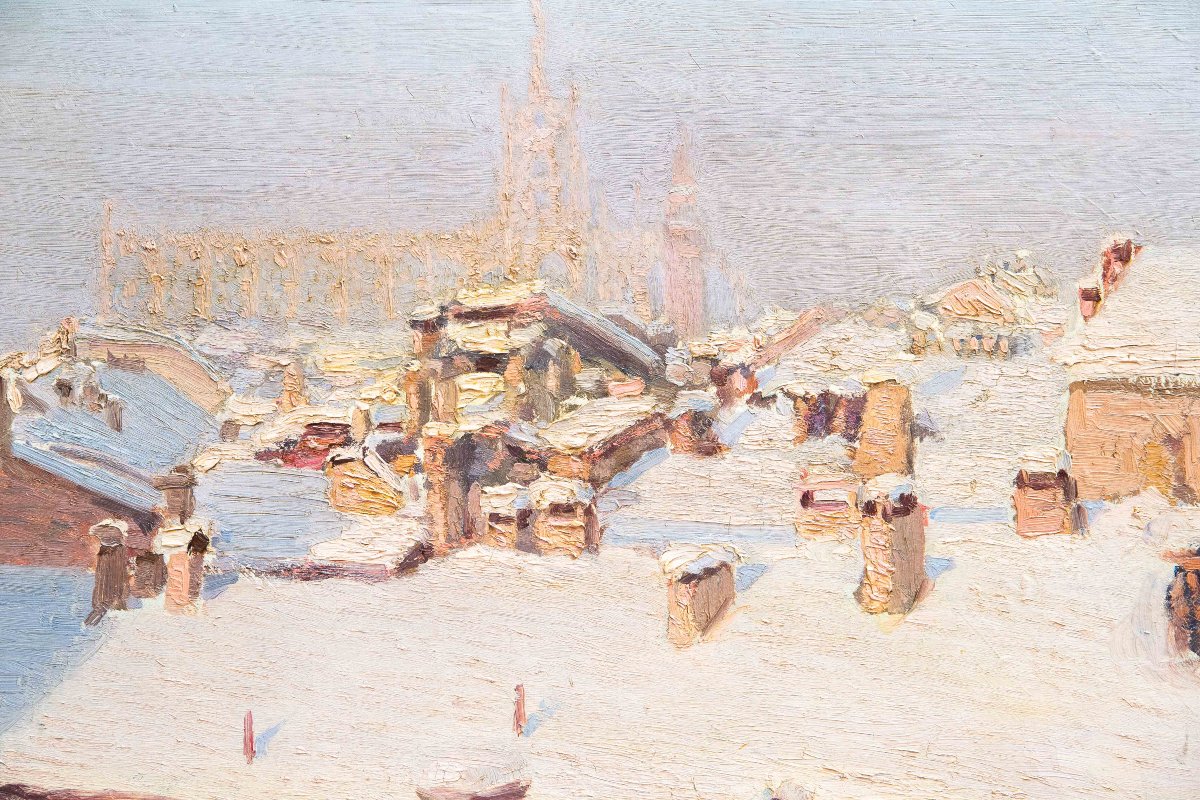 “snowfall On The Roofs Of Milan,” Oil On Canvas, 20th Century-photo-3