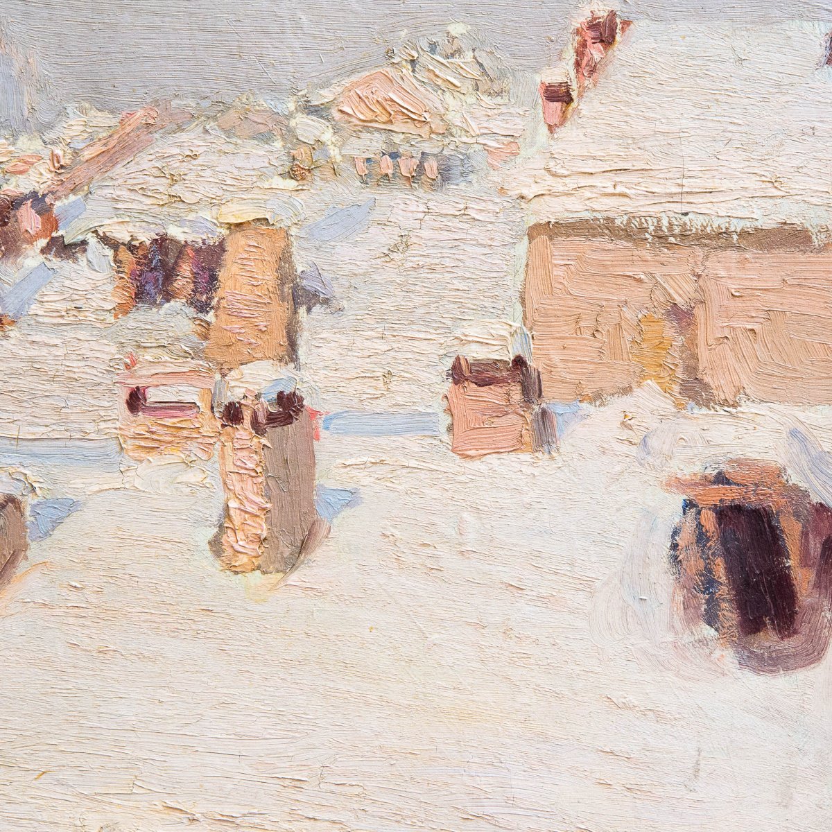 “snowfall On The Roofs Of Milan,” Oil On Canvas, 20th Century-photo-1