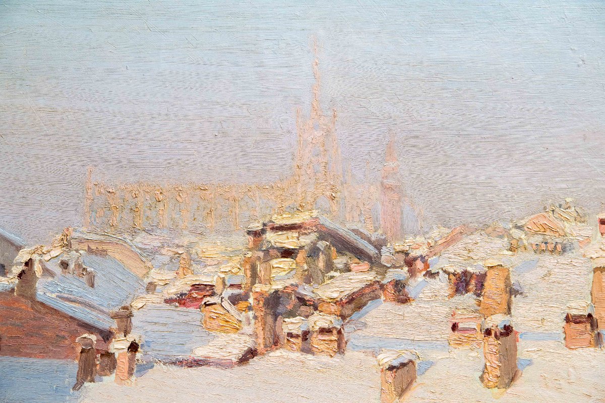 “snowfall On The Roofs Of Milan,” Oil On Canvas, 20th Century-photo-3