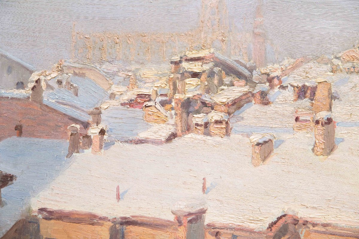 “snowfall On The Roofs Of Milan,” Oil On Canvas, 20th Century-photo-4