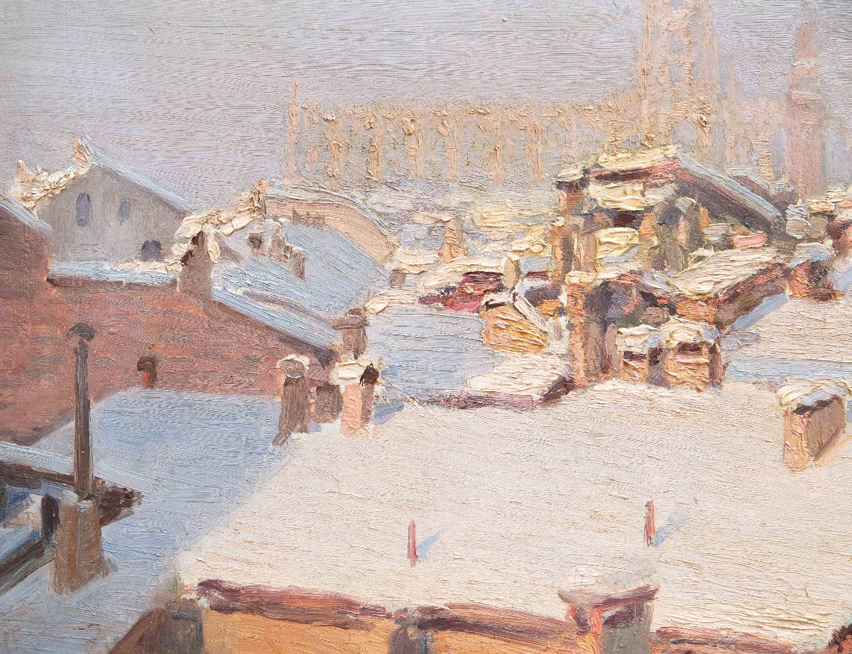 “snowfall On The Roofs Of Milan,” Oil On Canvas, 20th Century-photo-5