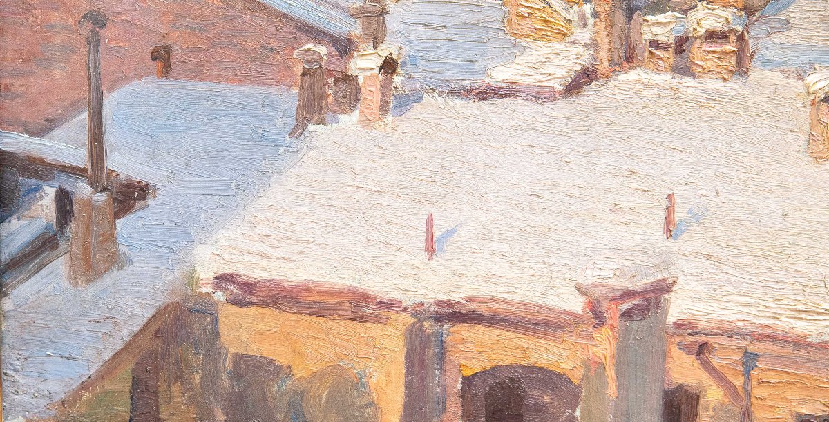 “snowfall On The Roofs Of Milan,” Oil On Canvas, 20th Century-photo-6