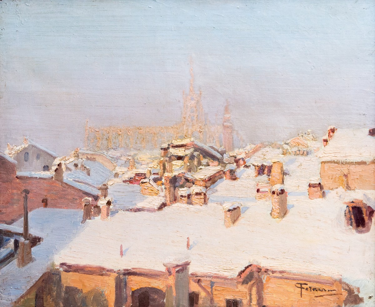 “snowfall On The Roofs Of Milan,” Oil On Canvas, 20th Century