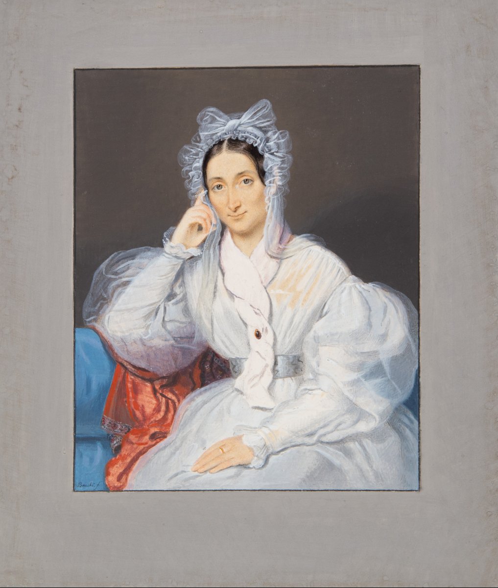 Giorgio Banchi, « Portrait de dame », gouache sur papier, signée, XIXe siècle-photo-2