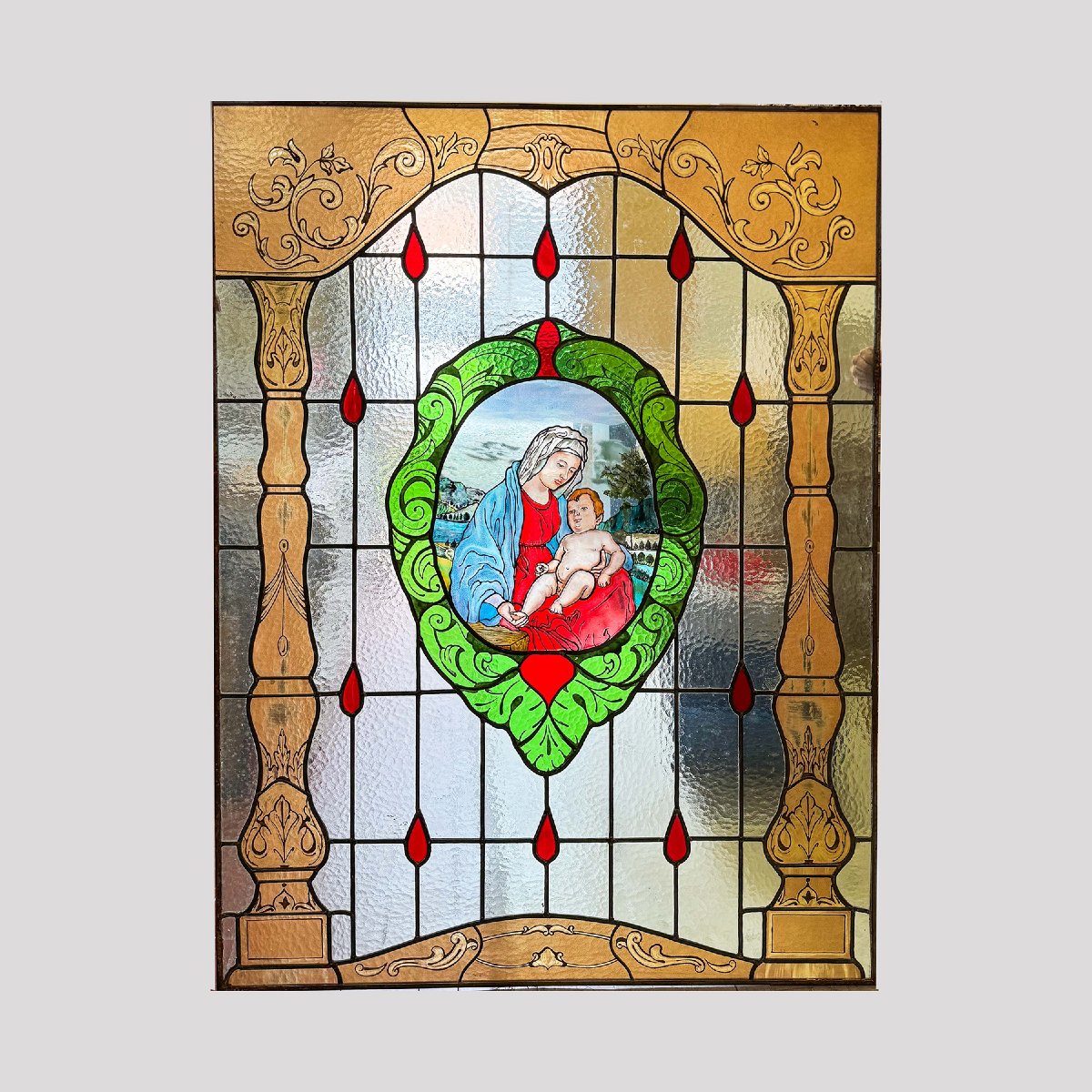 Lead-glazed Stained-glass Window Depicting The Madonna And Child, 1940s-photo-2