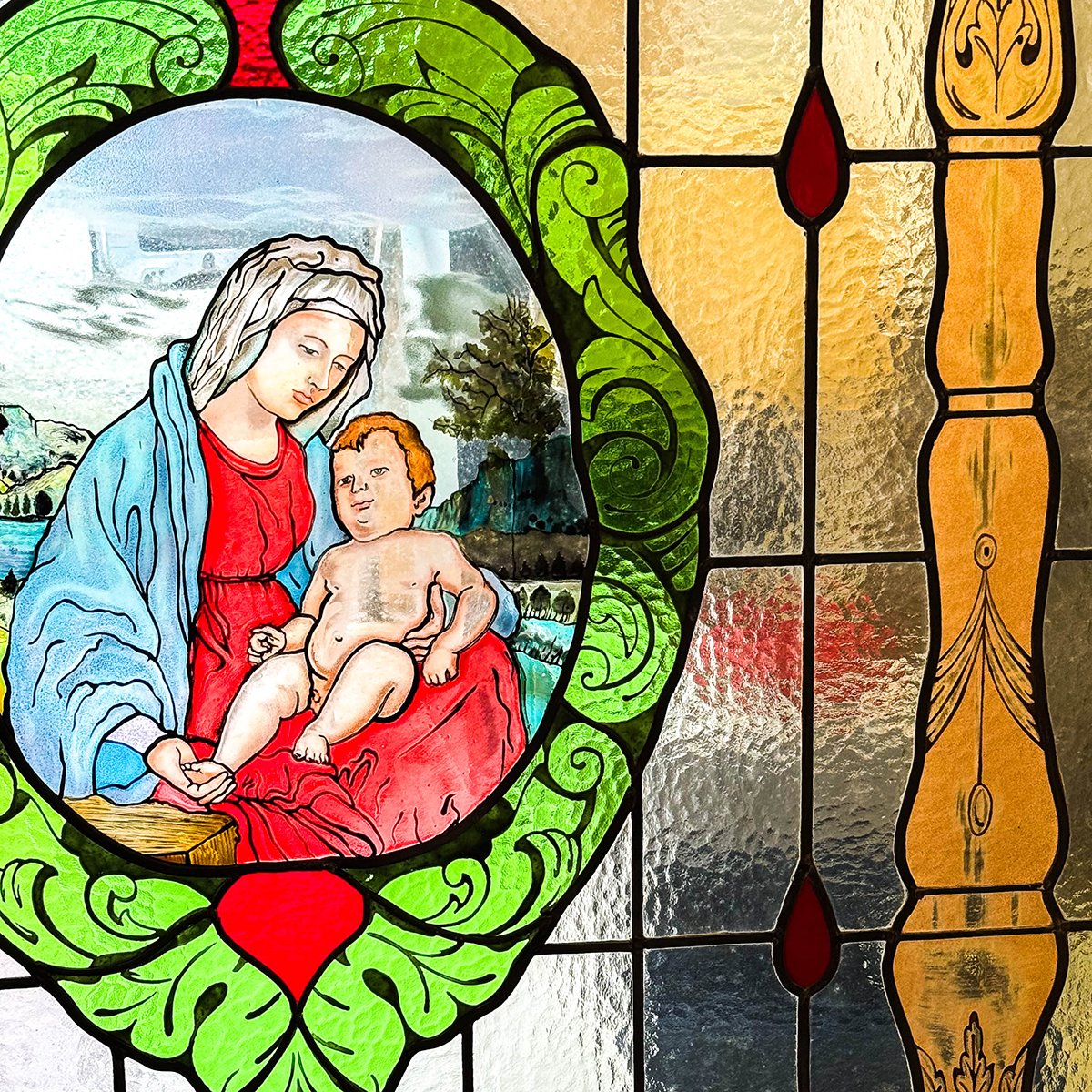 Lead-glazed Stained-glass Window Depicting The Madonna And Child, 1940s-photo-3