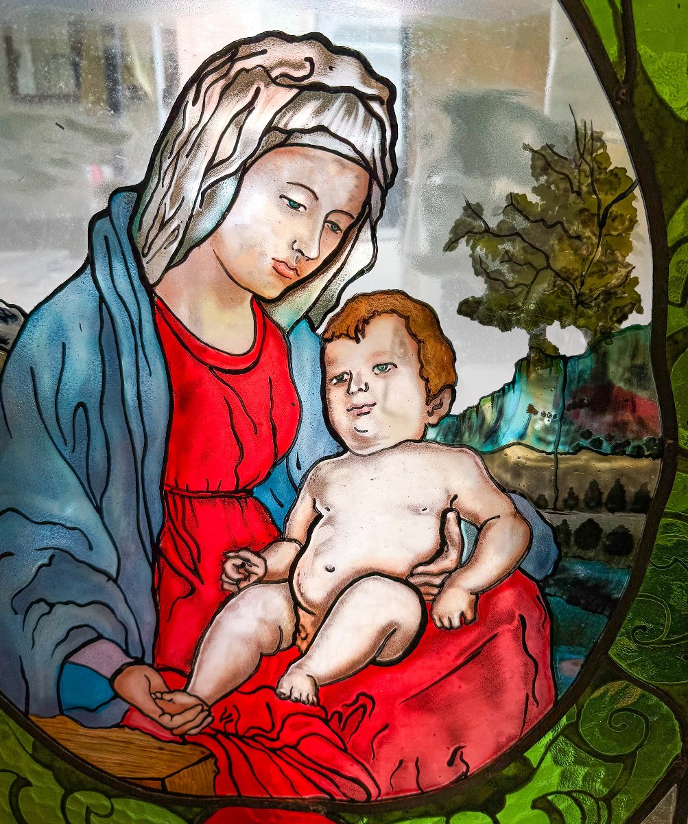 Lead-glazed Stained-glass Window Depicting The Madonna And Child, 1940s-photo-4