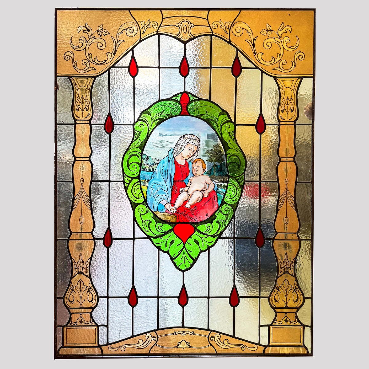 Lead-glazed Stained-glass Window Depicting The Madonna And Child, 1940s