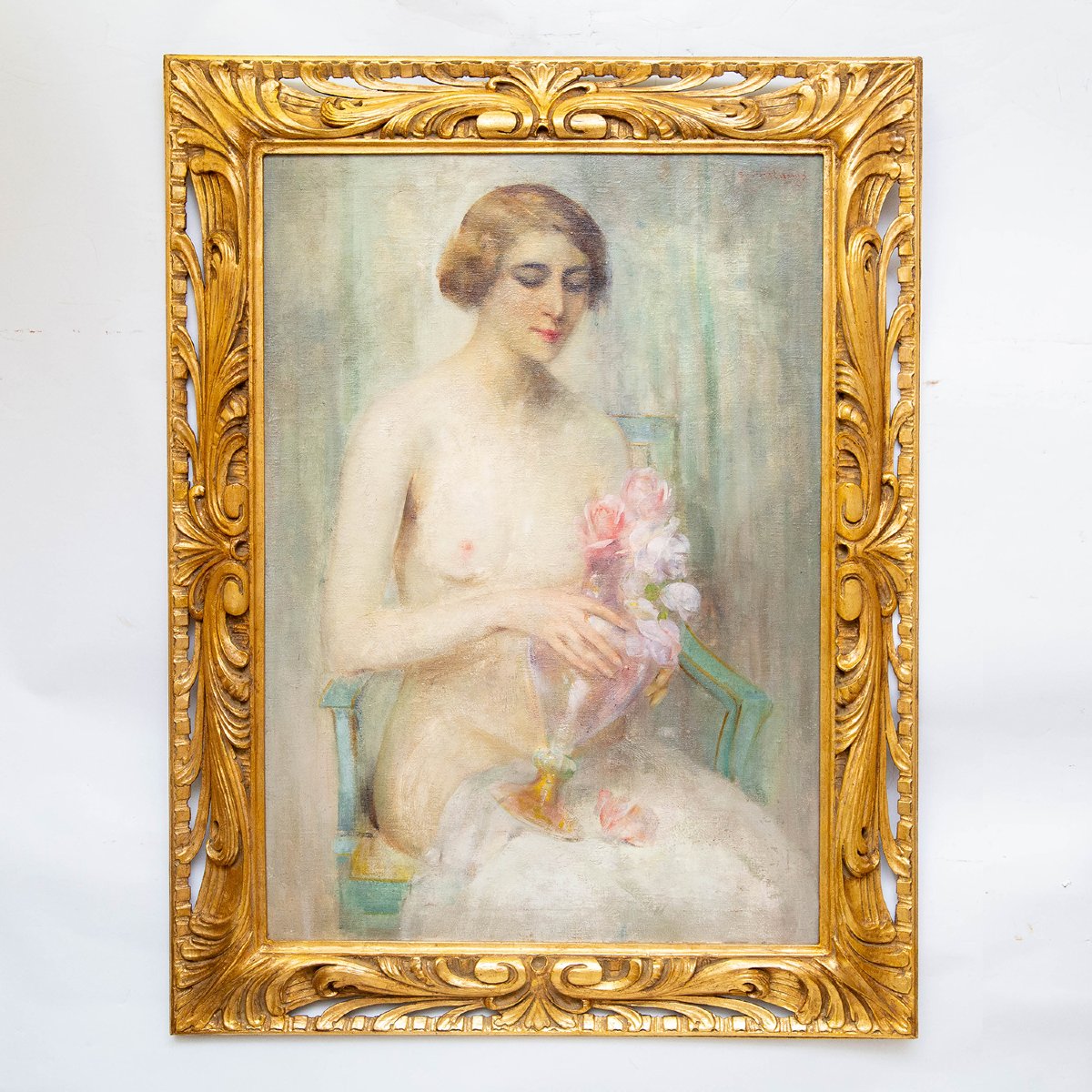Luigi Serralunga, Figure féminine aux fleurs, Huile sur toile, Fin du XIXe siècle – Début du XX-photo-2