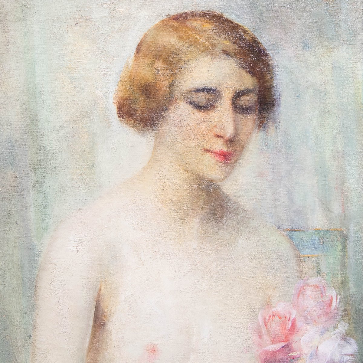 Luigi Serralunga, Figure féminine aux fleurs, Huile sur toile, Fin du XIXe siècle – Début du XX-photo-1