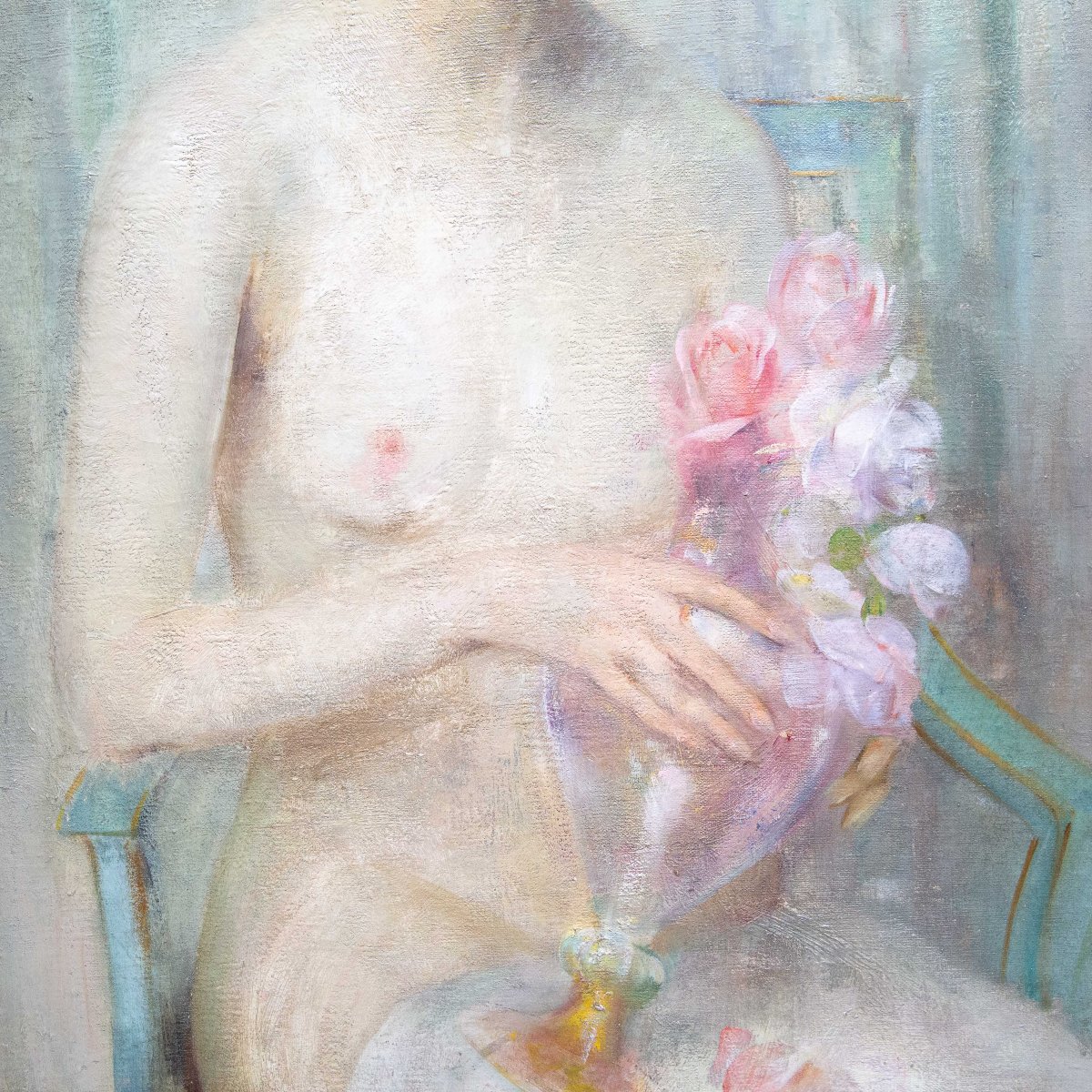Luigi Serralunga, Figure féminine aux fleurs, Huile sur toile, Fin du XIXe siècle – Début du XX-photo-2