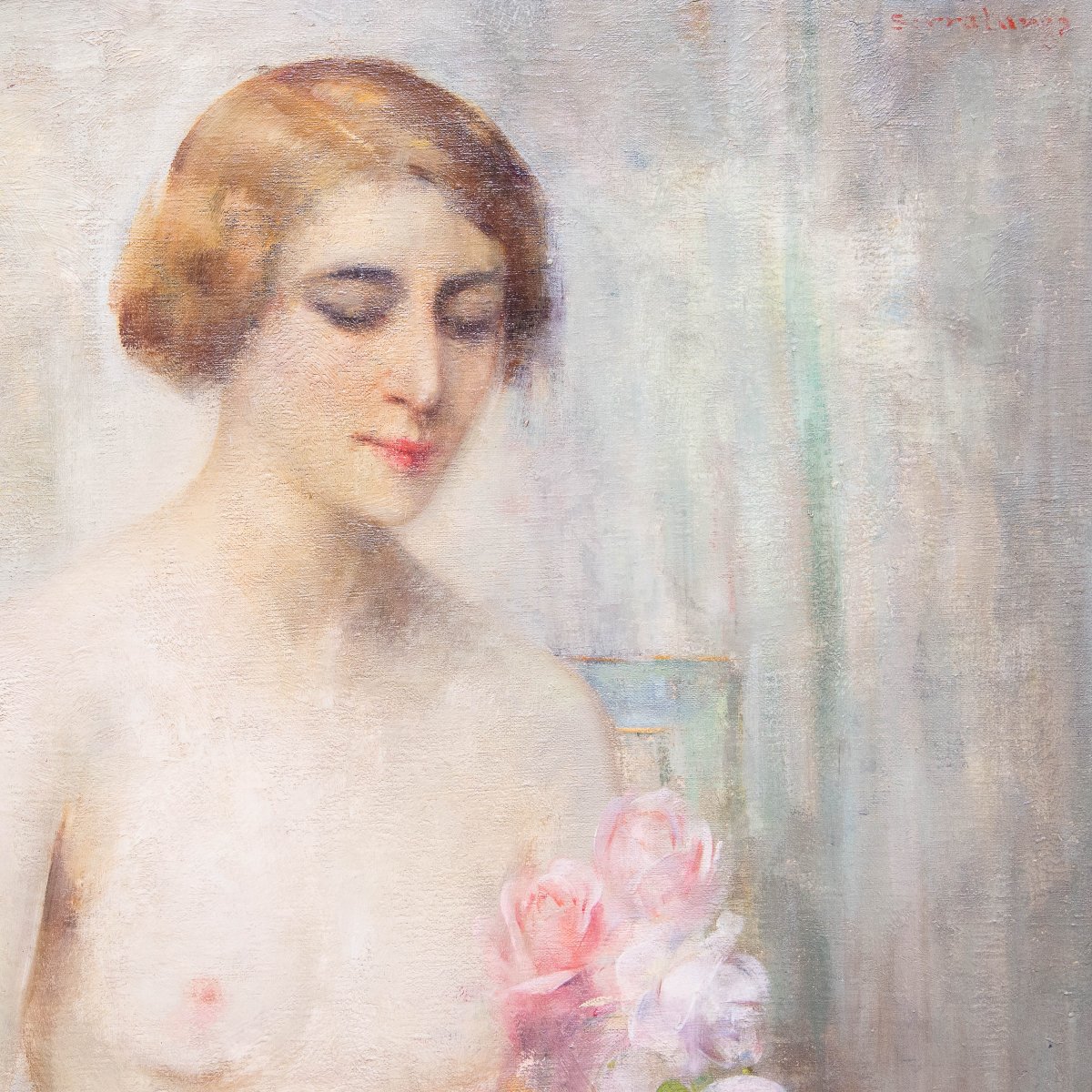 Luigi Serralunga, Figure féminine aux fleurs, Huile sur toile, Fin du XIXe siècle – Début du XX-photo-5