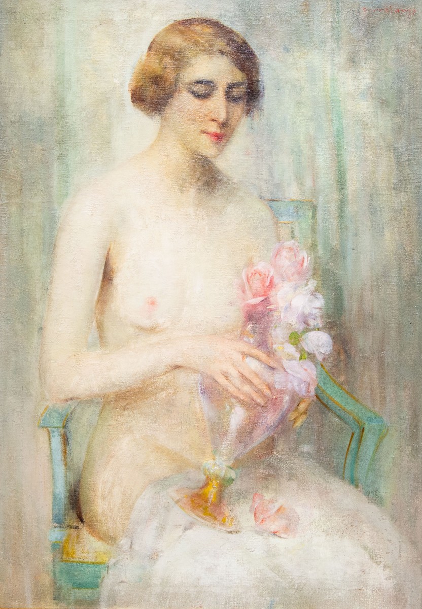 Luigi Serralunga, Figure féminine aux fleurs, Huile sur toile, Fin du XIXe siècle – Début du XX