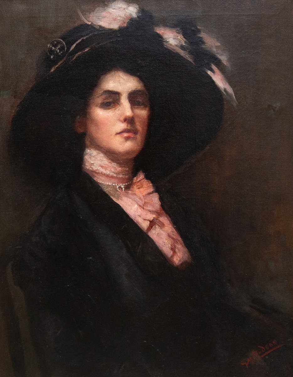 Gwynedd May Hudson, « Élégance victorienne », huile sur toile, signée, début du XXe siècle-photo-1
