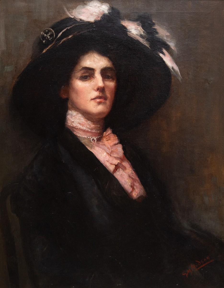 Gwynedd May Hudson, « Élégance victorienne », huile sur toile, signée, début du XXe siècle