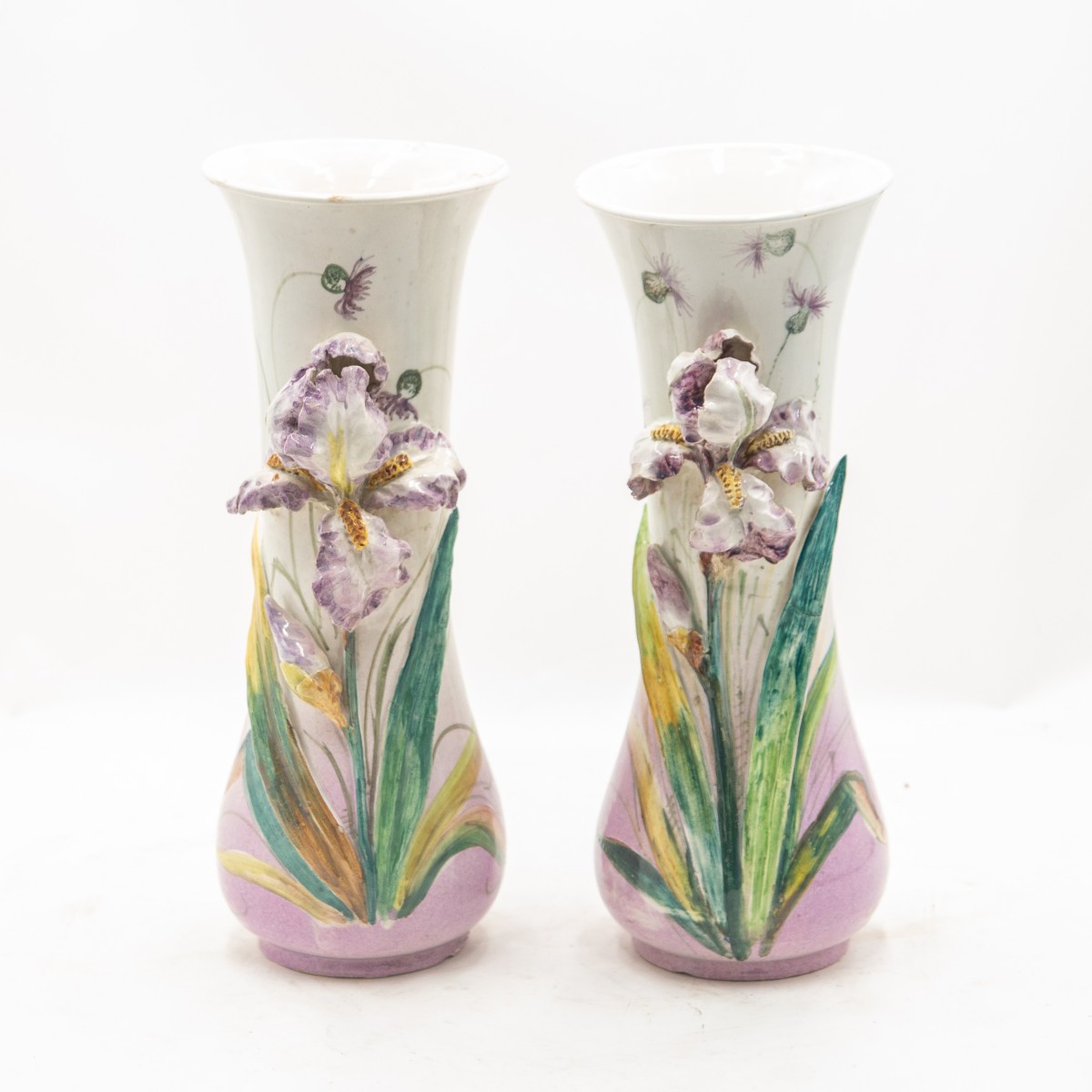 "iris In Bloom: Pair Of Art Nouveau Vases" 20th Century