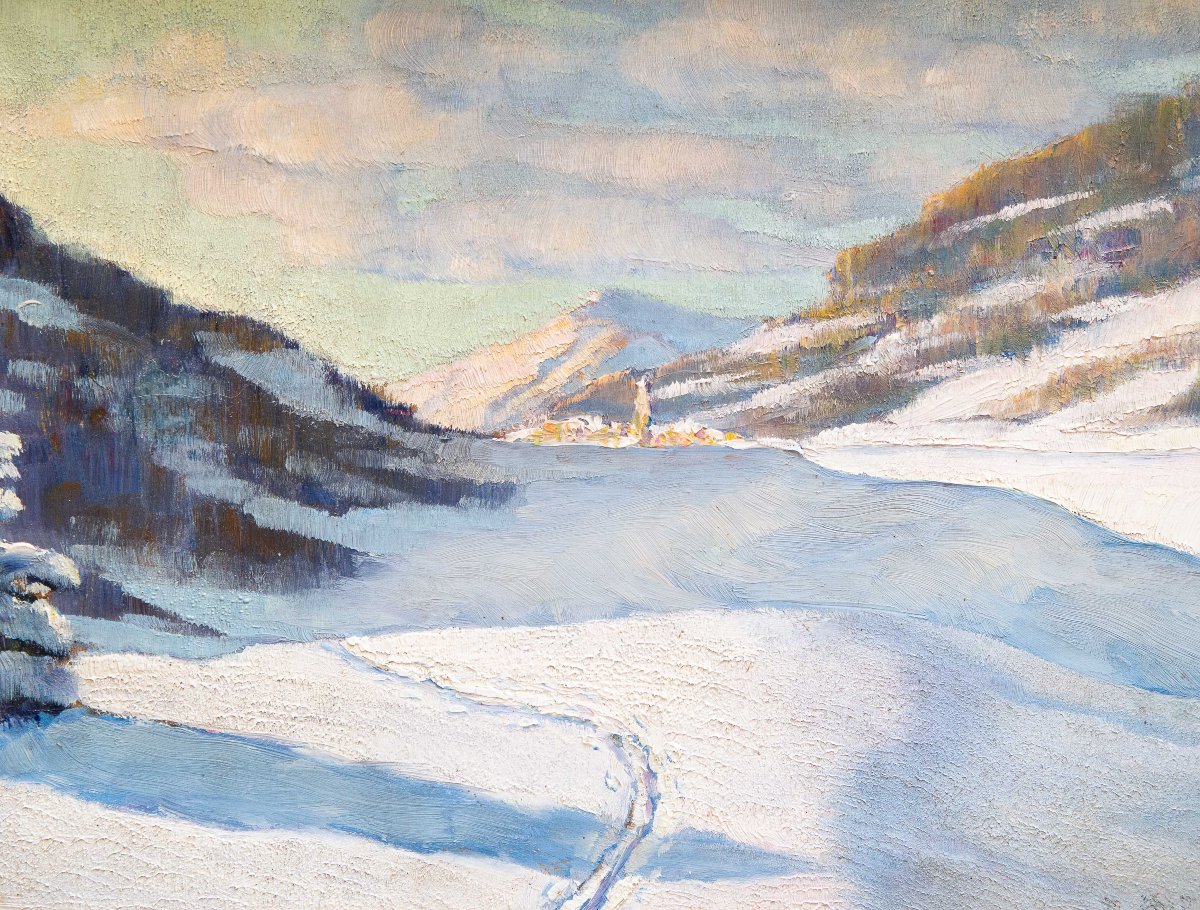 Angelo Abrate, "returning From Monginevro," Oil On Panel, Signed, 1925-photo-2