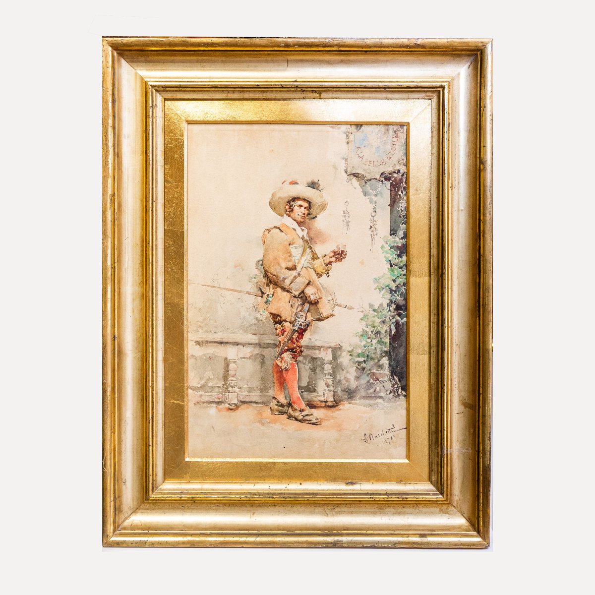 Ludovico Marchetti, "portrait Of A Fencer," Watercolor On Paper, Signed, 1876-photo-2