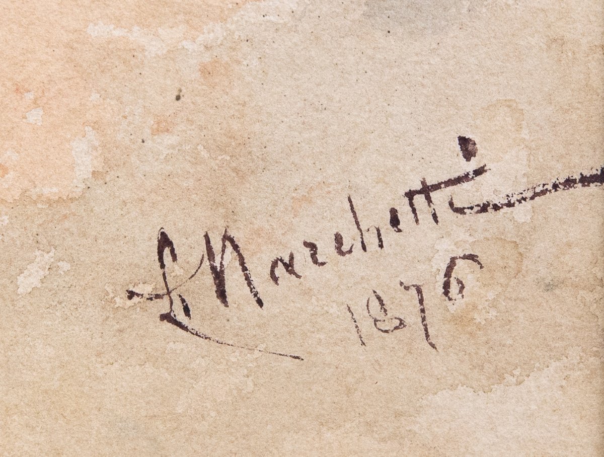 Ludovico Marchetti, "portrait Of A Fencer," Watercolor On Paper, Signed, 1876-photo-3