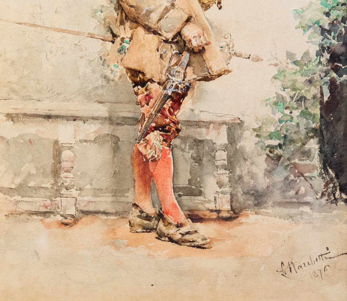 Ludovico Marchetti, "portrait Of A Fencer," Watercolor On Paper, Signed, 1876-photo-1