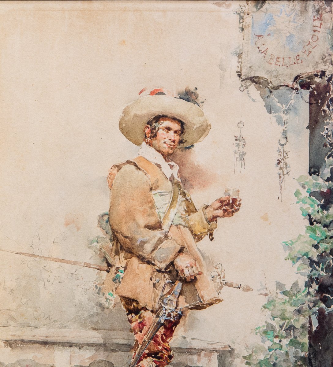 Ludovico Marchetti, "portrait Of A Fencer," Watercolor On Paper, Signed, 1876-photo-2