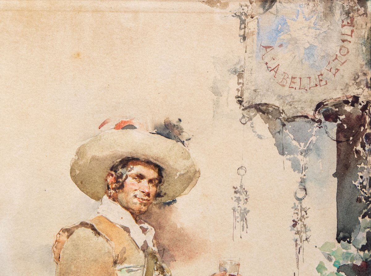 Ludovico Marchetti, "portrait Of A Fencer," Watercolor On Paper, Signed, 1876-photo-3