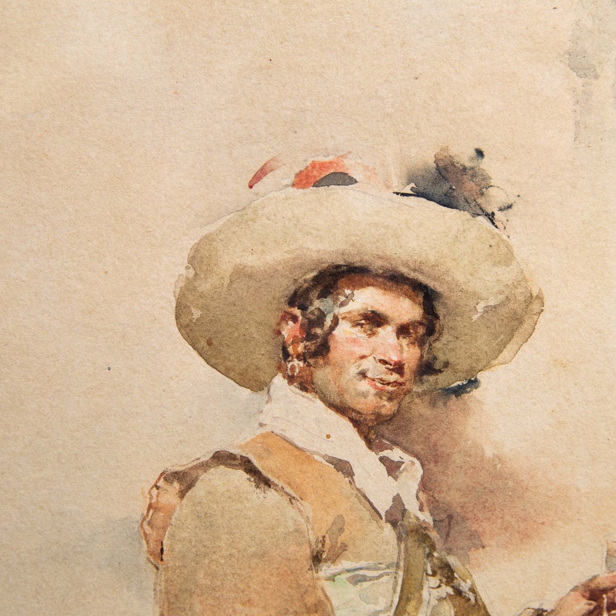 Ludovico Marchetti, "portrait Of A Fencer," Watercolor On Paper, Signed, 1876-photo-4