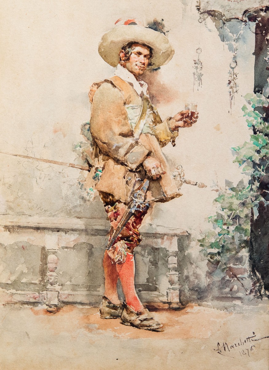 Ludovico Marchetti, "portrait Of A Fencer," Watercolor On Paper, Signed, 1876