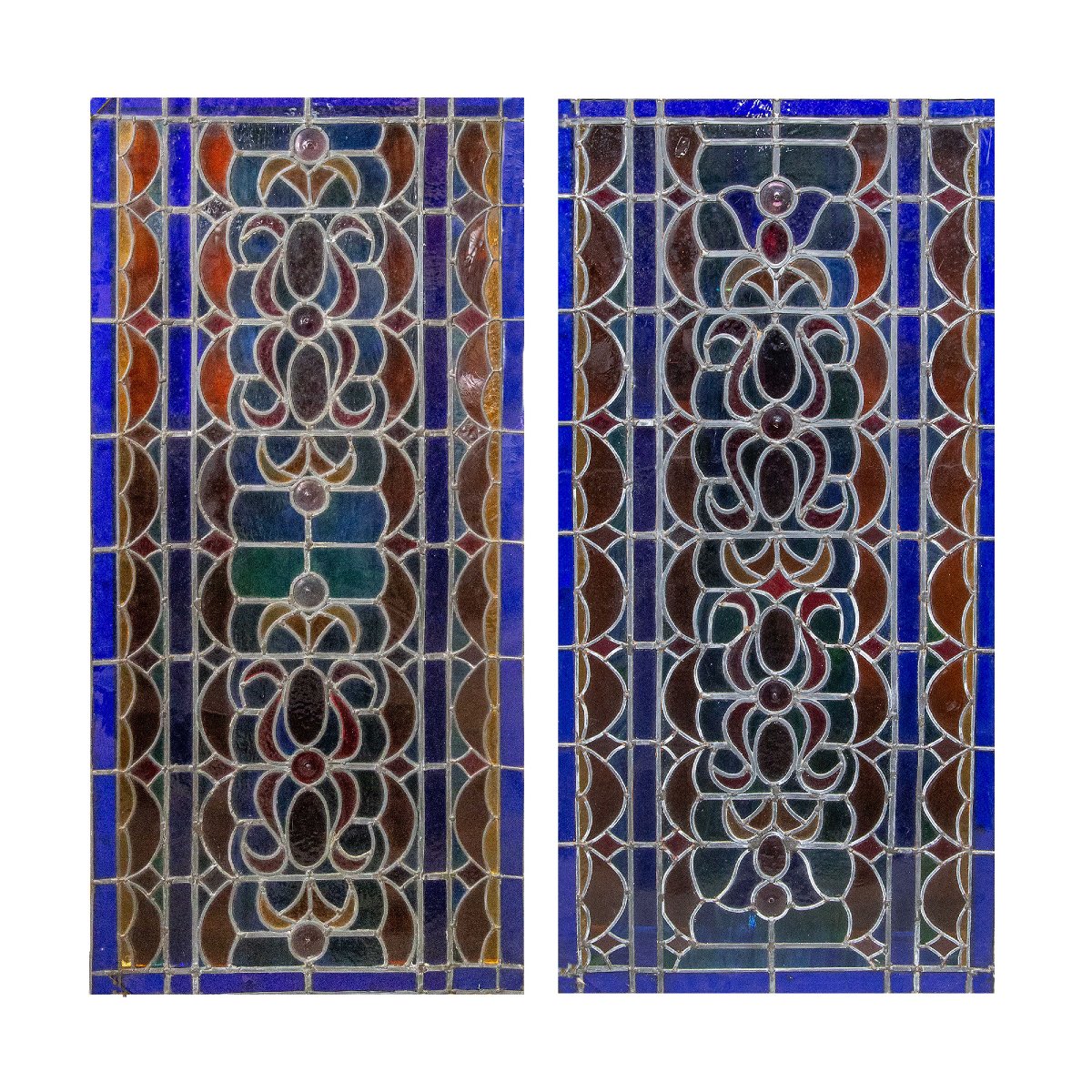 Pair Of Stained-glass Windows, Glass And Lead, 19th Century