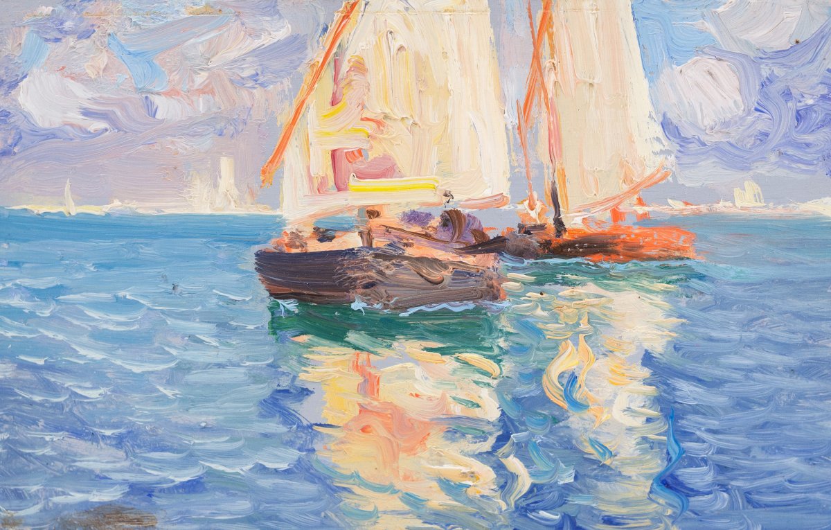 Fausto Pratella, Oil On Panel, "seascapes," Signed, Early 1900s-photo-2