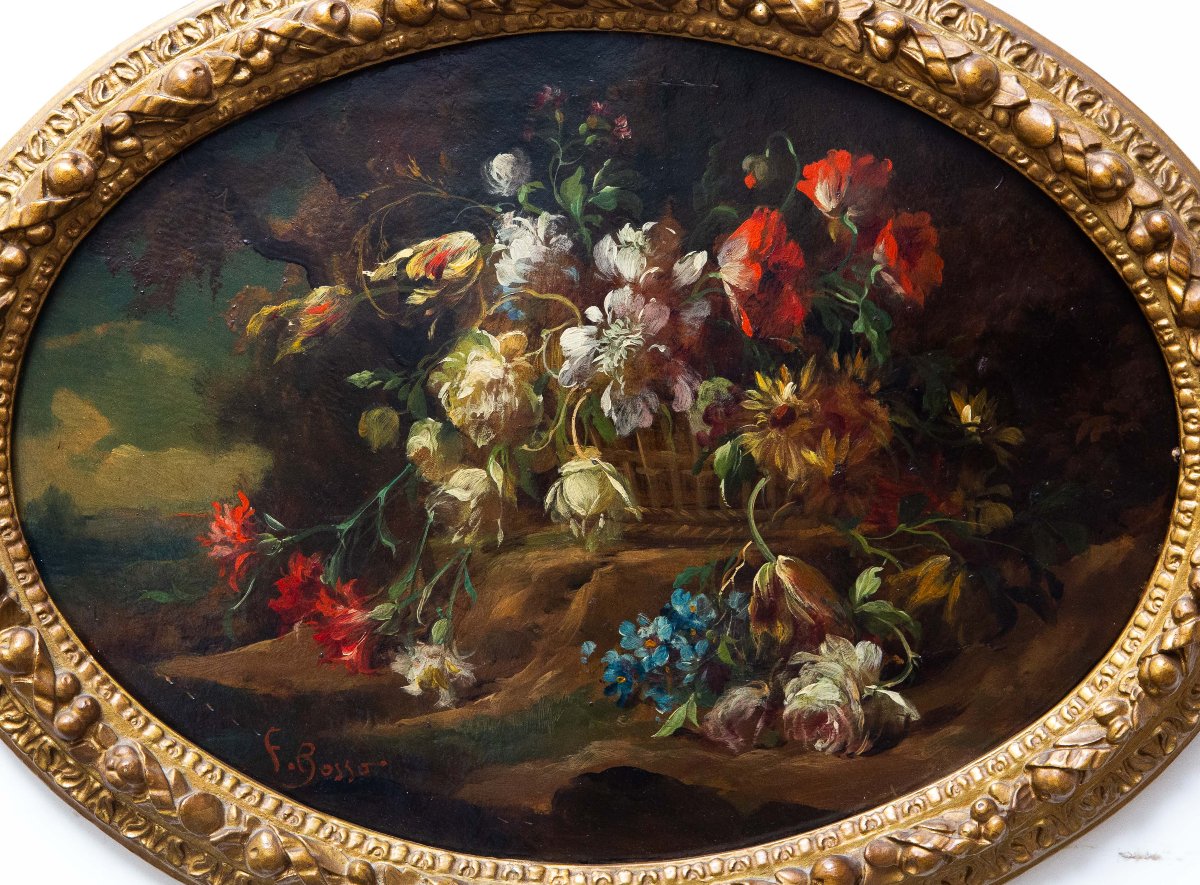 Francesco Bosso, « Paire de natures mortes florales », huile sur carton, XXe siècle -photo-4