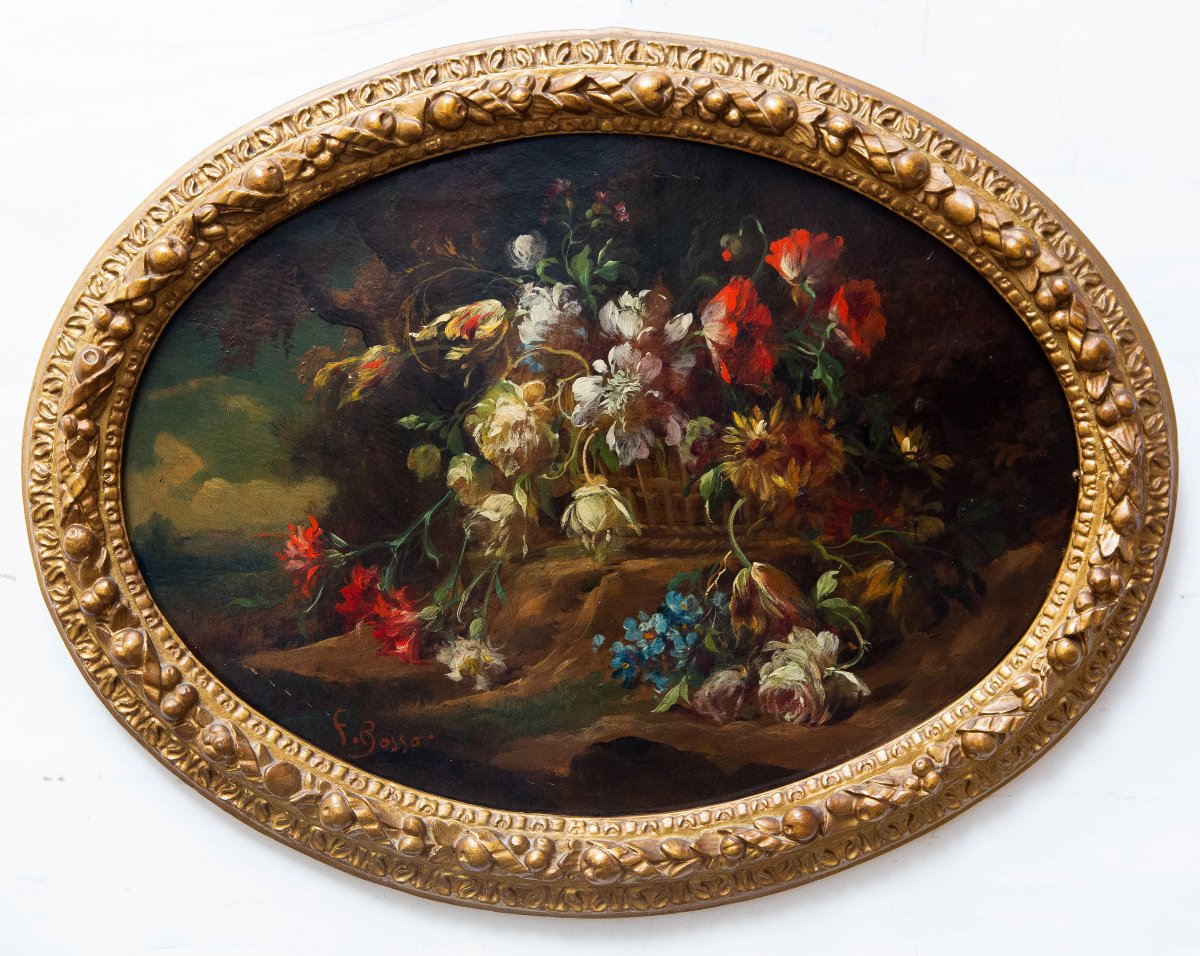 Francesco Bosso, « Paire de natures mortes florales », huile sur carton, XXe siècle -photo-2