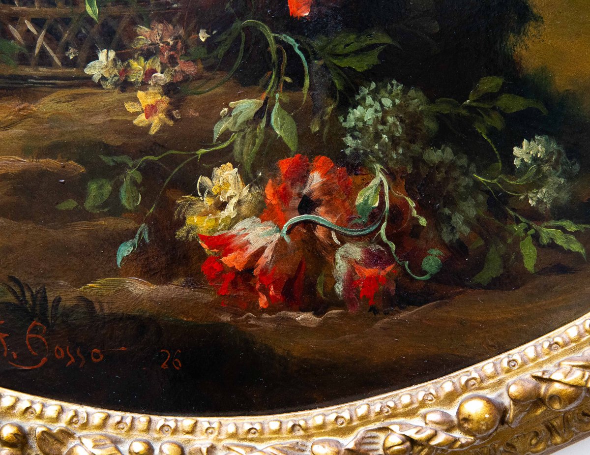 Francesco Bosso, « Paire de natures mortes florales », huile sur carton, XXe siècle -photo-3
