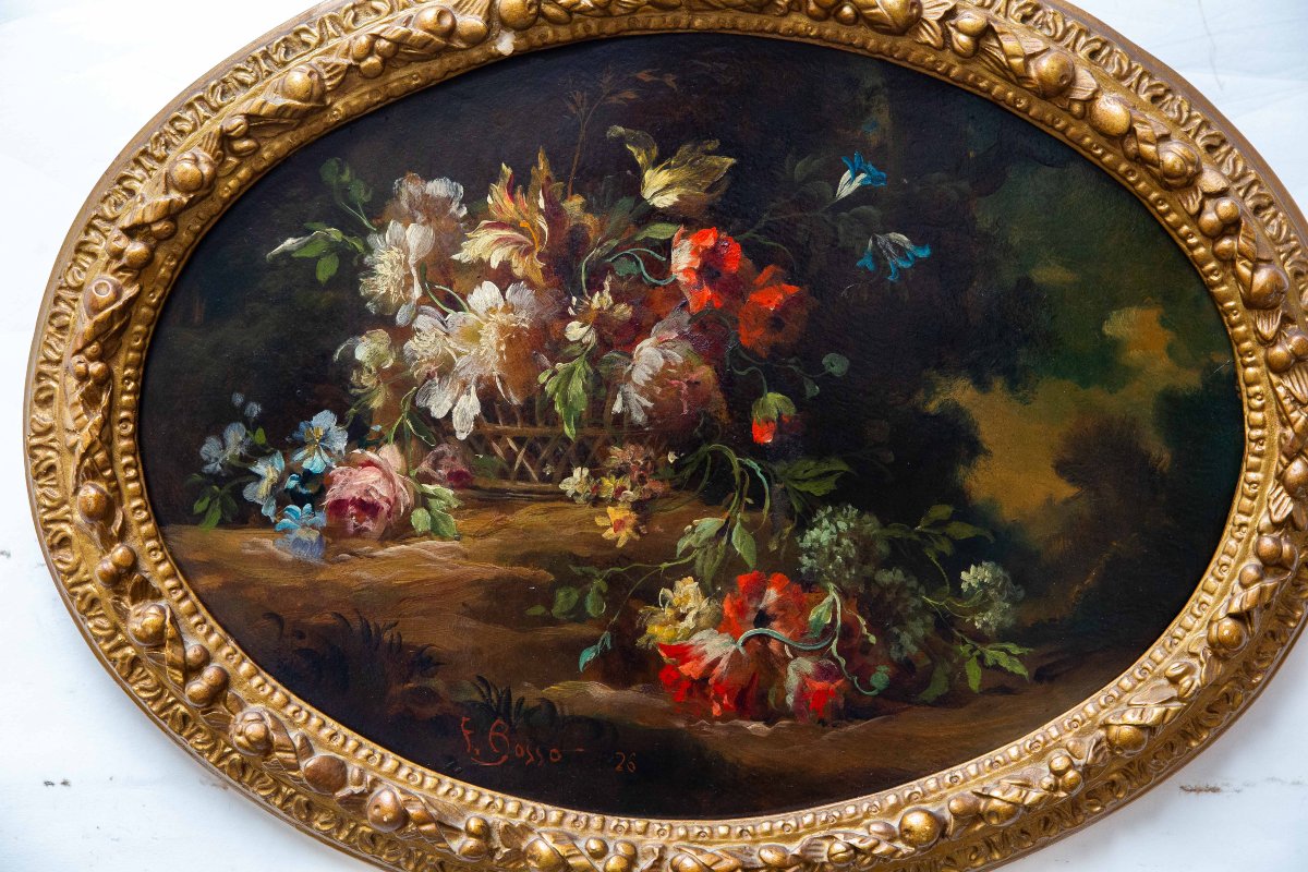 Francesco Bosso, « Paire de natures mortes florales », huile sur carton, XXe siècle -photo-7