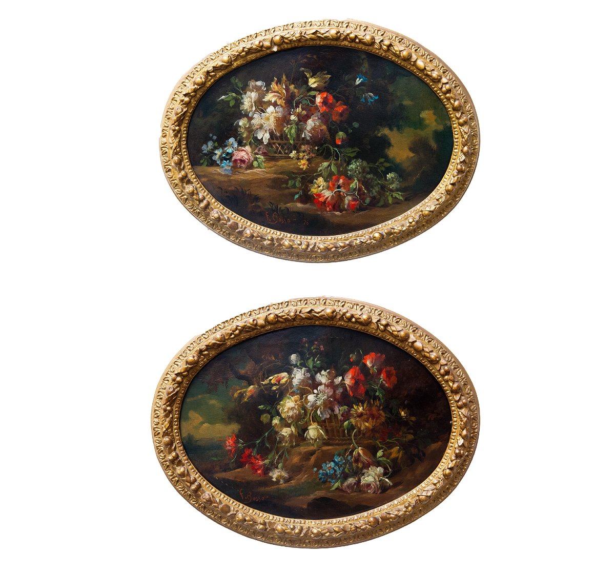Francesco Bosso, « Paire de natures mortes florales », huile sur carton, XXe siècle 