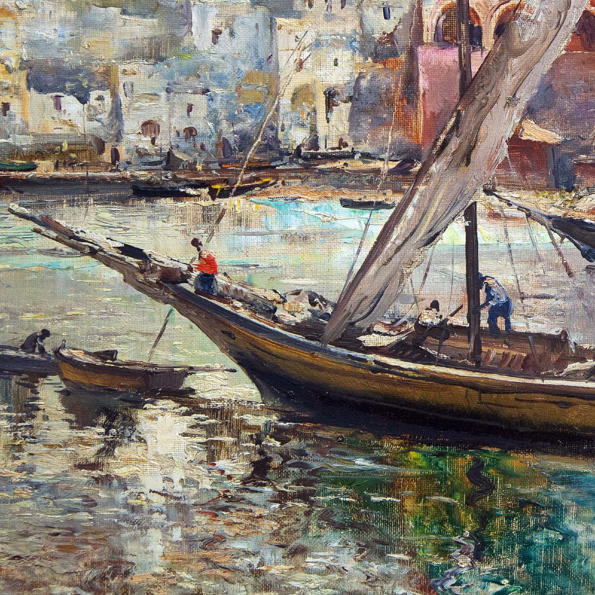 Guido Odierna, « Porto di Capri », huile sur toile, signée, XXe siècle-photo-1