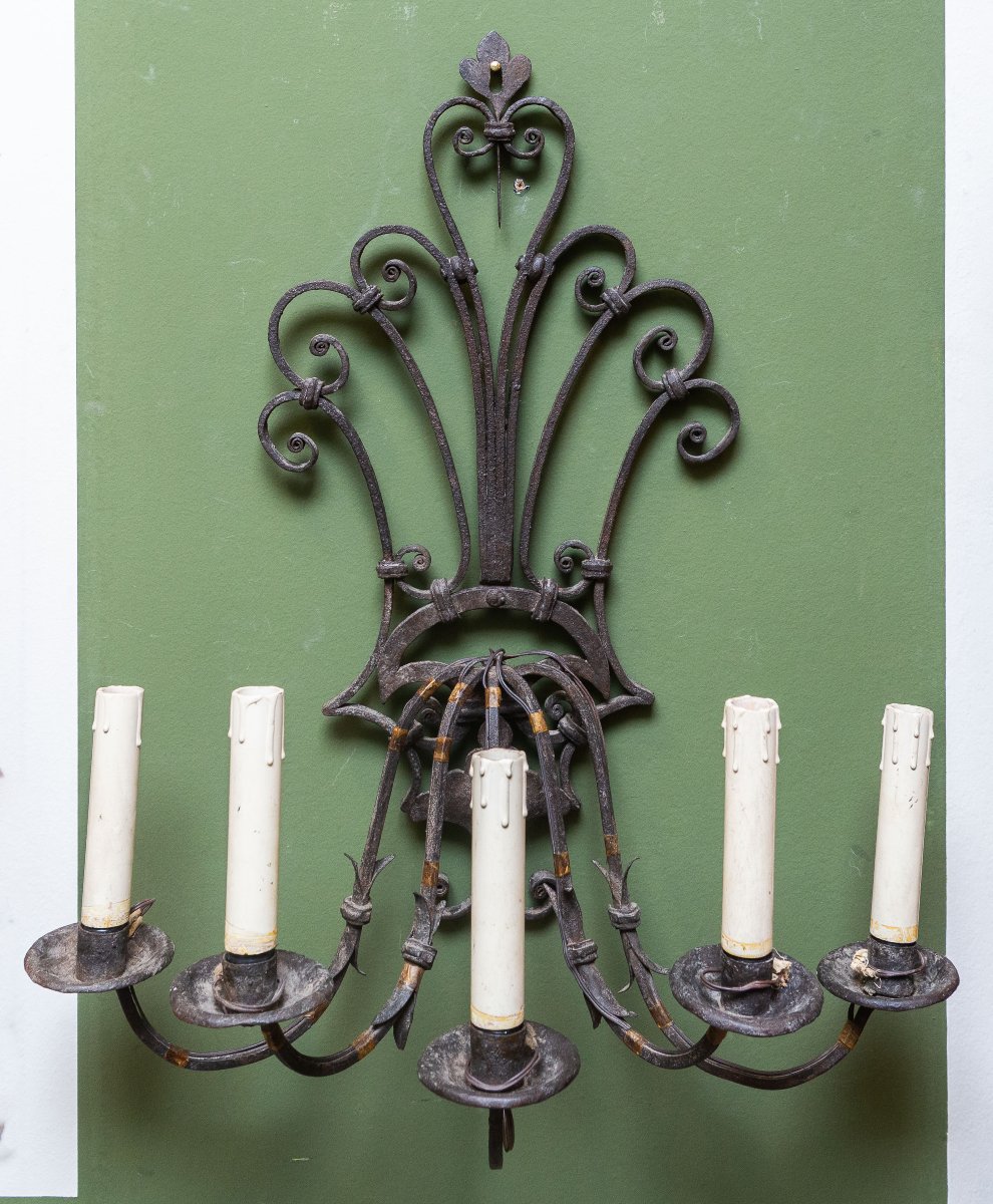 Pair Of Iron Wall Sconces, Late 19th Century-photo-2