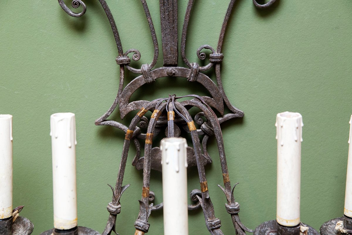 Pair Of Iron Wall Sconces, Late 19th Century-photo-3