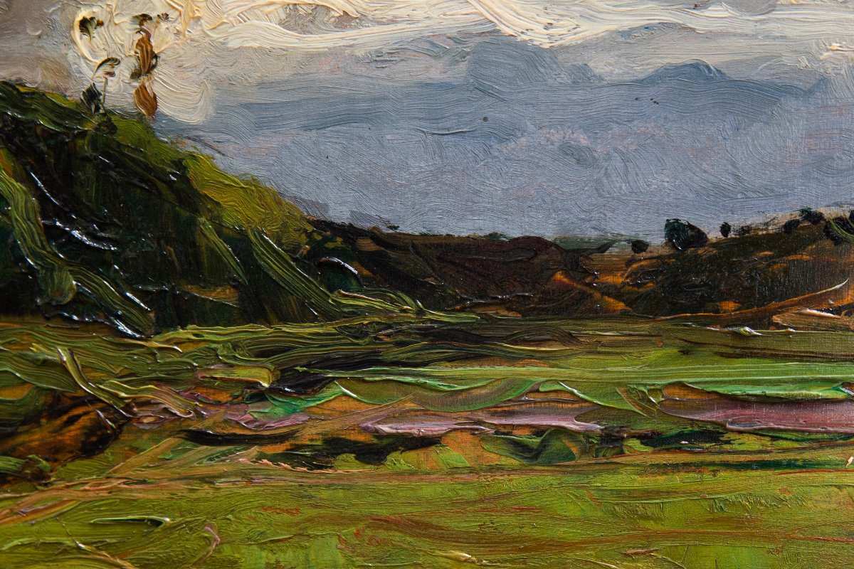 Lorenzo Delleani, "hilly Landscape," Oil On Panel, 1887-photo-6