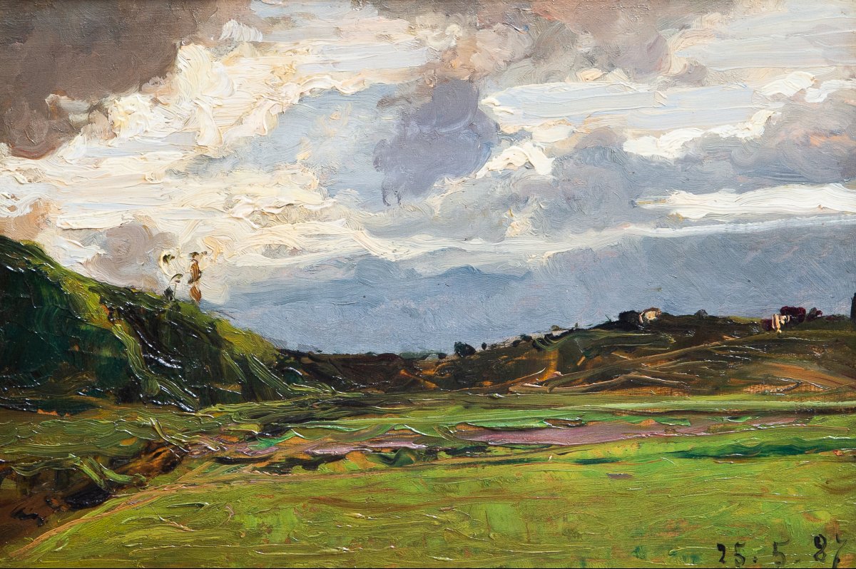Lorenzo Delleani, "hilly Landscape," Oil On Panel, 1887