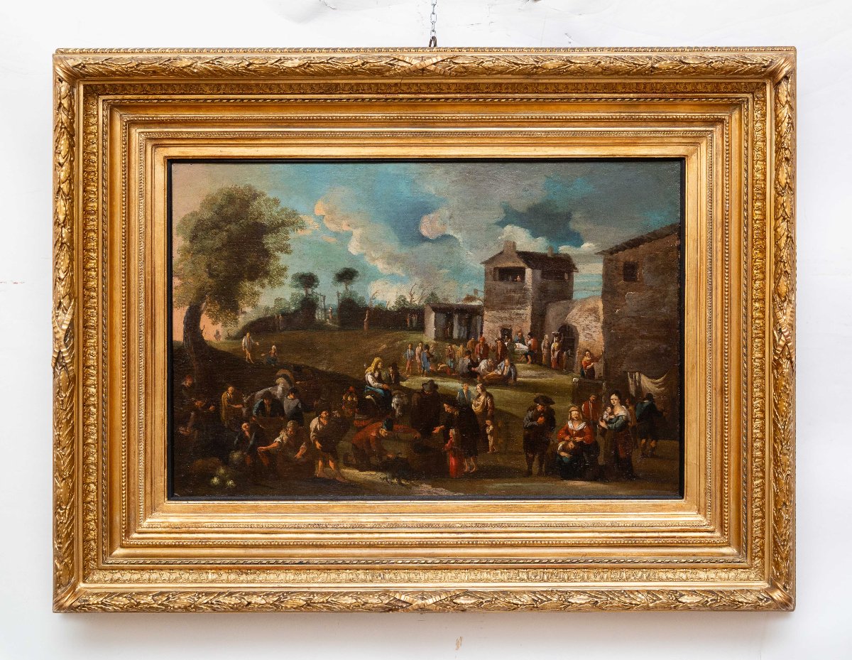 Peinture flamande, huile sur toile, « Scène de genre », XVIIIe siècle-photo-2