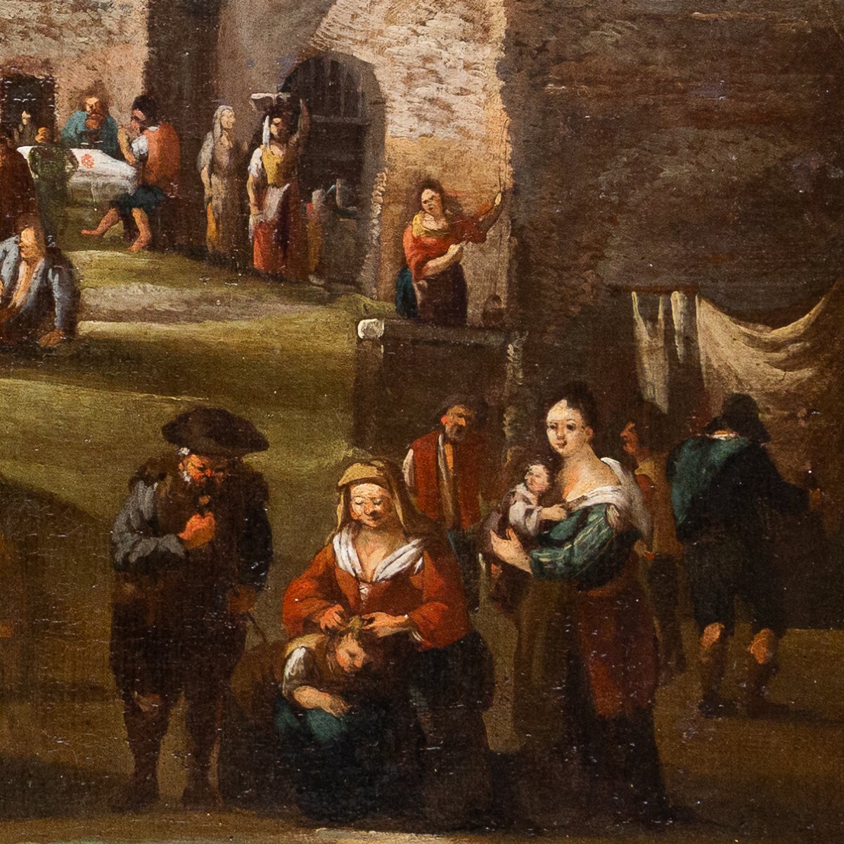 Peinture flamande, huile sur toile, « Scène de genre », XVIIIe siècle-photo-3