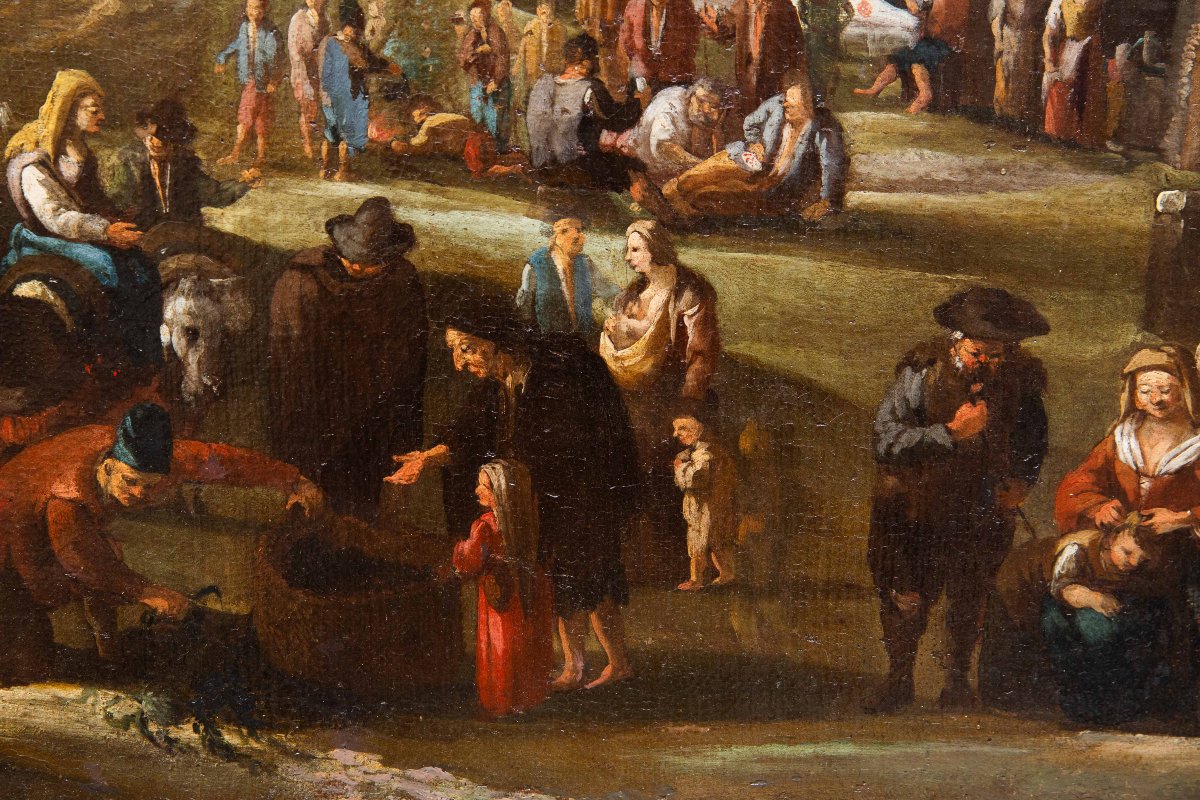 Peinture flamande, huile sur toile, « Scène de genre », XVIIIe siècle-photo-5