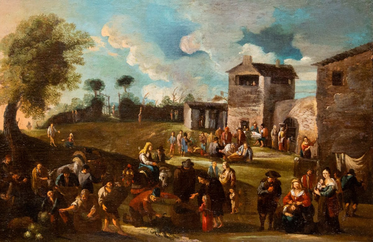 Peinture flamande, huile sur toile, « Scène de genre », XVIIIe siècle
