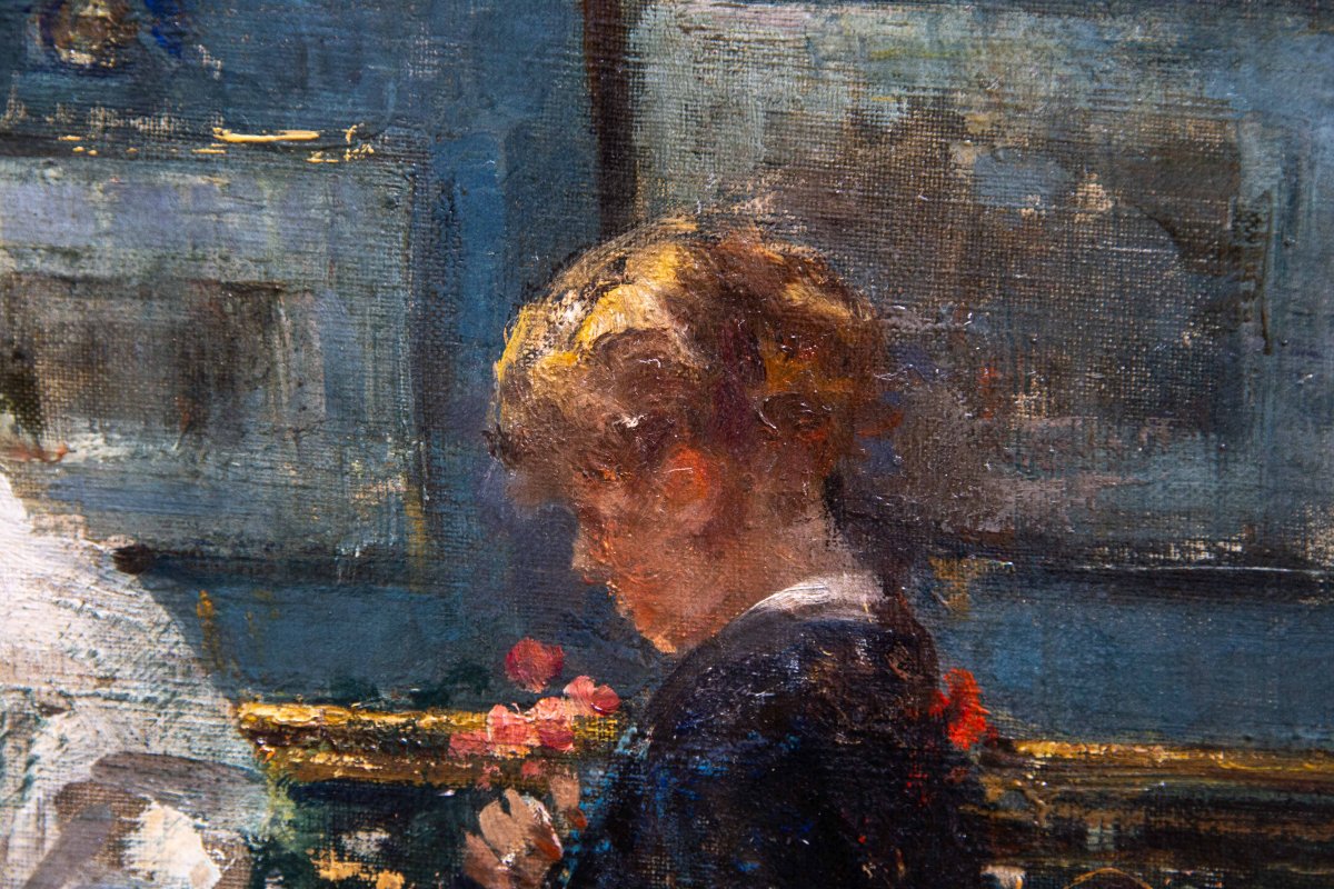 Luca Postiglione, "indoor Scene," Oil On Canvas, Signed, Early 1900s-photo-3