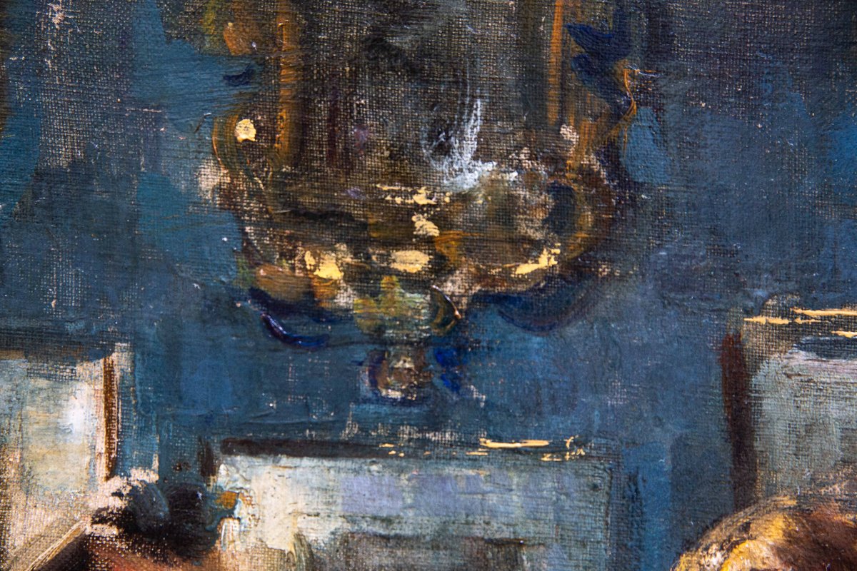 Luca Postiglione, "indoor Scene," Oil On Canvas, Signed, Early 1900s-photo-5