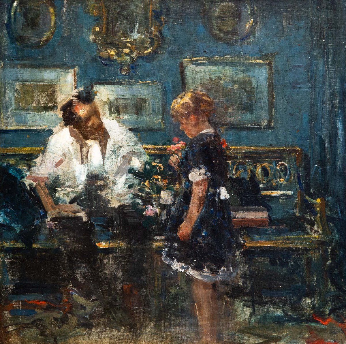 Luca Postiglione, "indoor Scene," Oil On Canvas, Signed, Early 1900s