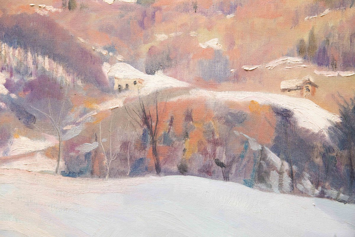 Placido Castaldi, « Chalets enneigés dans la région de Biella », signée, année '60-photo-3