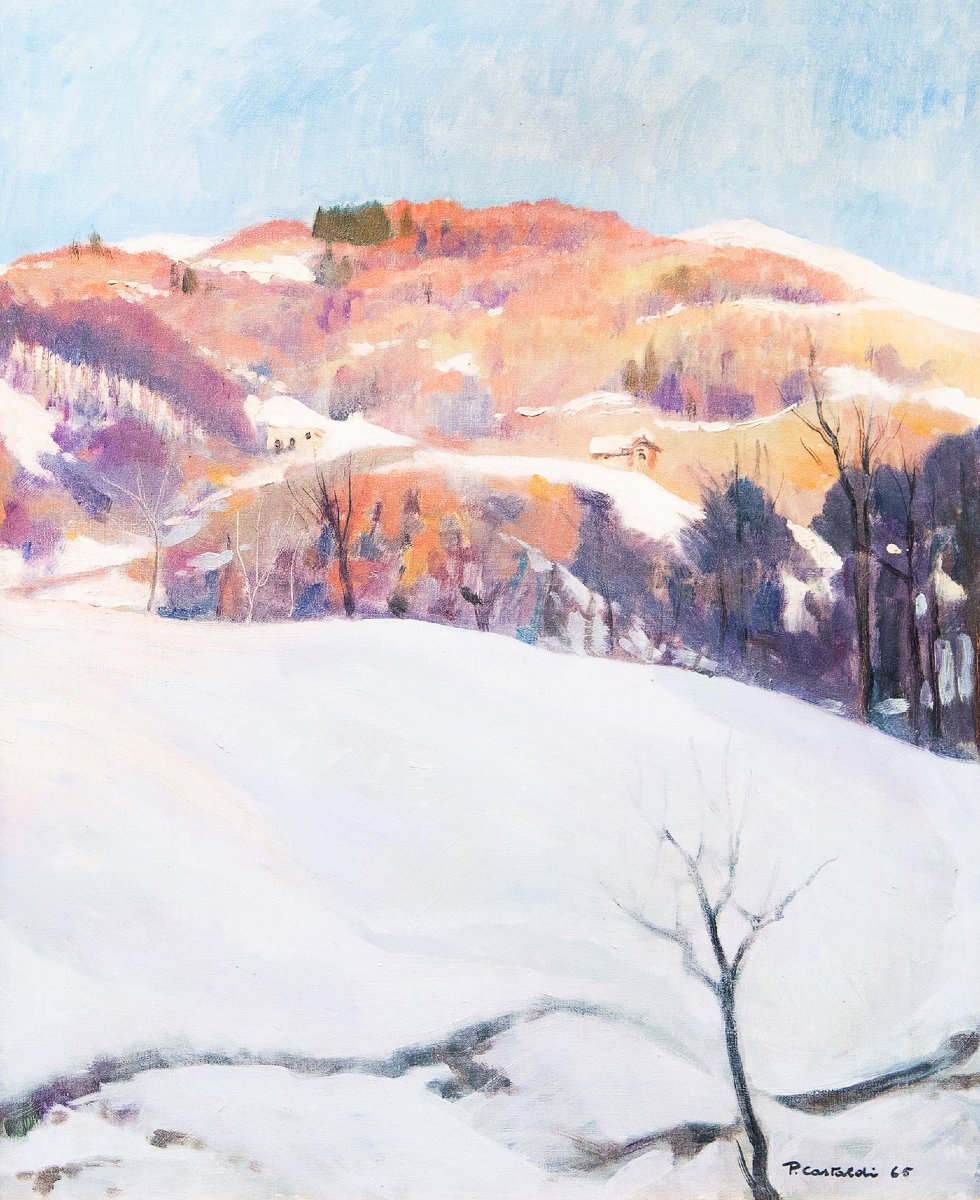 Placido Castaldi, « Chalets enneigés dans la région de Biella », signée, année '60